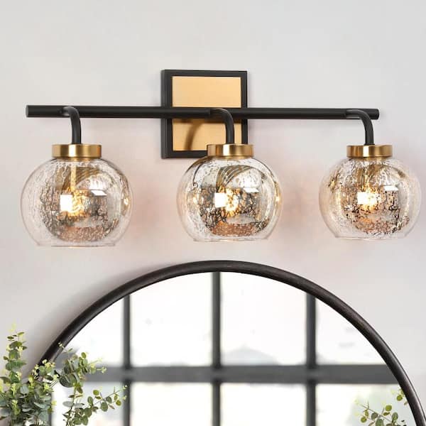 22 in. 3-Light Black and Gold Bathroom Vanity Light, Modern Vintage Brass Vanity Light, Globe Mercury Glass Wall Sconce