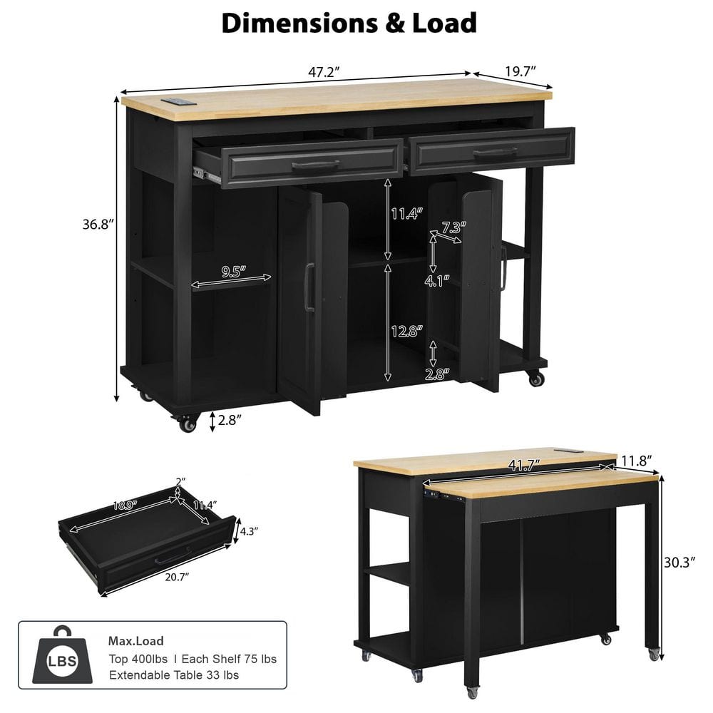 White Kitchen Cart with Extendable Dining Table, Internal Racks, 4 Open Side Shelves, 2-Drawer, Power Outlet - thumbnail 3