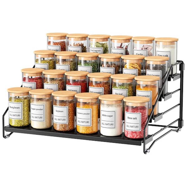 4 Tier Black Adjustable Depth Cabinet Countertop Spice Rack Organizer Sturdy Metal Shelf for Kitchen Storage