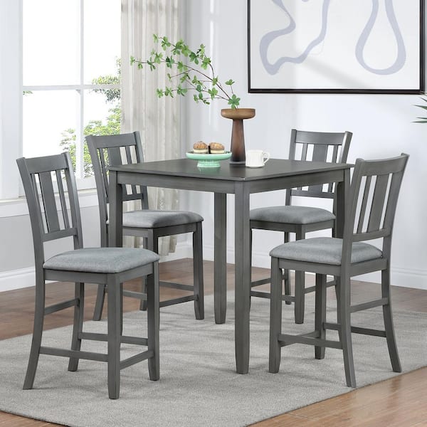 Unbranded Gray 5-Piece Wood Outdoor Dining Set for 4, Dining Table and 4-Upholstered Chairs with Gray Cushion for Kitchen