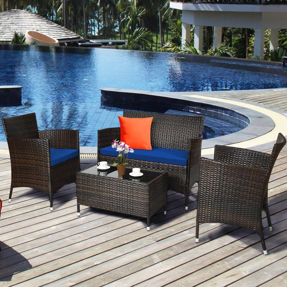 4-Piece Brown Steel Rattan Patio Set with Navy Cushions