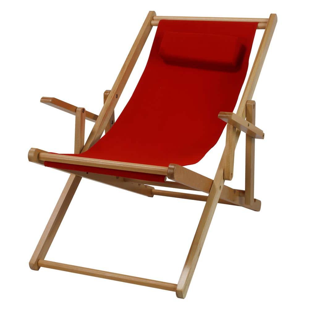 Red canvas sling chair with a natural wood frame and headrest.