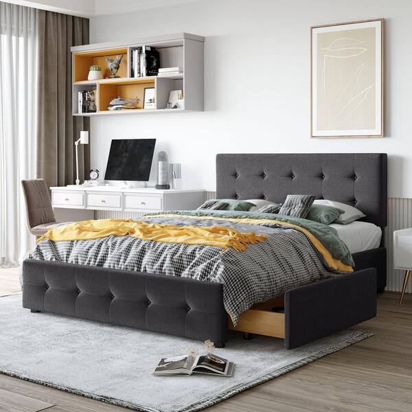 Upholstered Platform Bed, Gray Tufted Velvet Headboard Queen Size Bed