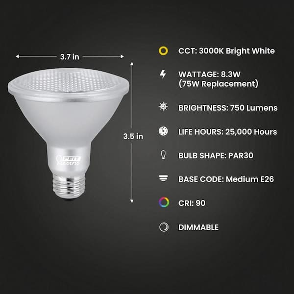 75-Watt Equivalent PAR30 Short Neck Dimmable CEC Title 20 90 CRI E26 Flood LED Light Bulb, Bright White 3000K (12-Pack)