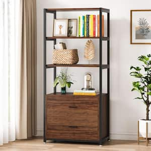 Eulas 60 in. Tall Rustic Brown Engineered Wood 4-Shelf Etagere Standard Bookcase with 2-Drawers for Home Office