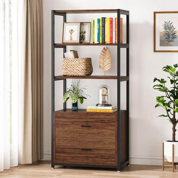 BYBLIGHT Eulas 60 in. Tall Rustic Brown Engineered Wood 4-Shelf Etagere Standard Bookcase with 2-Drawers for Home Office