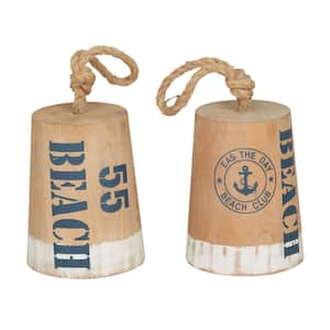 Brown Wood Door Stopper Buoy Sculpture with Rope Accents (Set of 2)