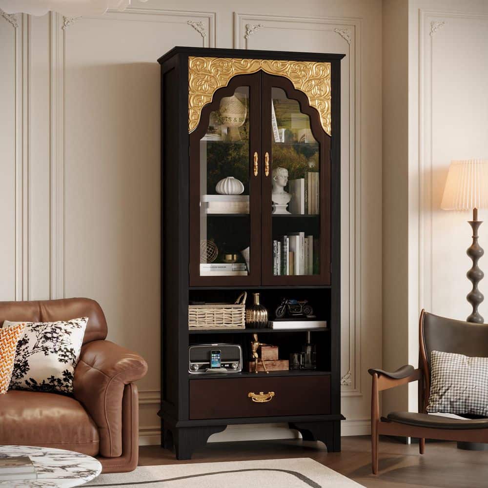 FUFU&GAGA Black with Gold Accents 71.9 in. Storage Cabinet with
