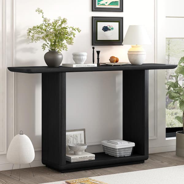 CHRISTOPHER KNIGHT HOME Birchwood 59.8 in. Black Rectangle Wood Console Table with Curved Corners, U-Base