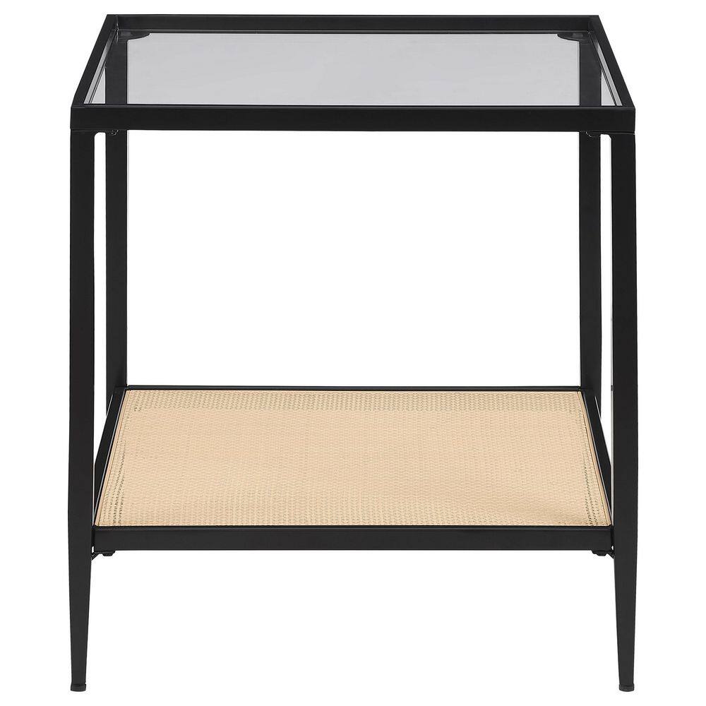 Black Metal and Glass Square End Table with Cane Shelf
