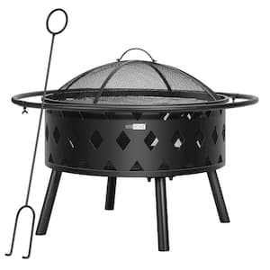 37.8 in. x 21.4 in. Round Iron Wood Fire Pit with Spark Screen, Round Grill Grid, Poker and Fireplace Cover (6-Piece)