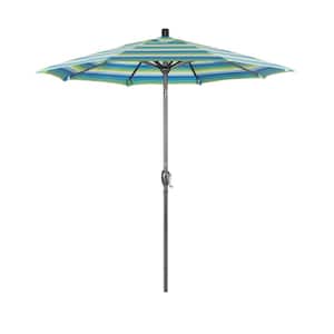 7.5 ft. Grey Aluminum Market Push Button Tilt Crank Lift Patio Umbrella in Seville Seaside Sunbrella