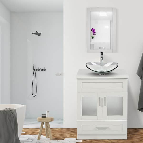 24 in. W x 19 in. D x 33 in. H Single Sink Bath Vanity in White with White Solid Surface Vanity Top and Mirror