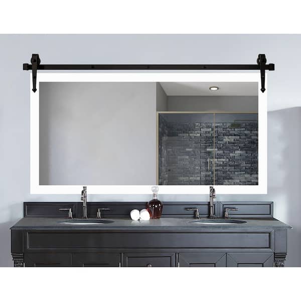 (63 in. W x 30 in. H) Satin White Accent Mirror with Steel Barn Door Rail