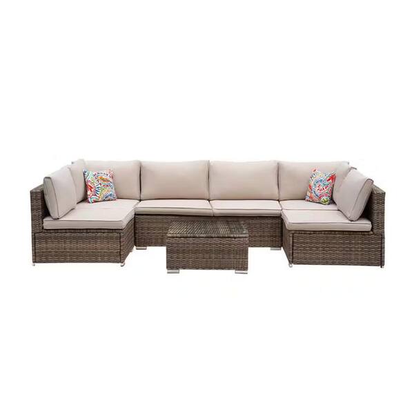 Sudzendf 7-Piece Brown Wicker Outdoor Sectional Sofa Set Patio Conversation Set with Beige Cushions