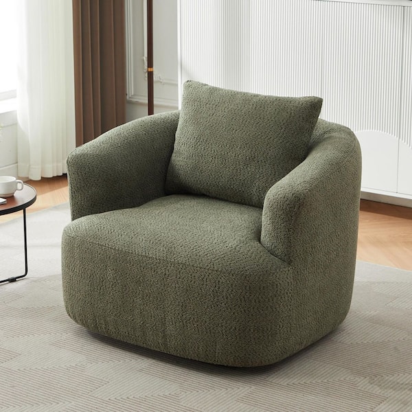Green 360° Swivel Arm Chair Boucle Fabric Upholstered Sofa Chair with a Throw Pillow
