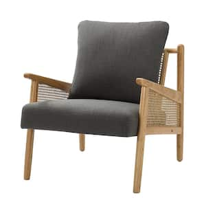 Kamil Modern Grey Armchair with with Rattan Armrest and Solid Wood Frame for Living Room and Bedroom