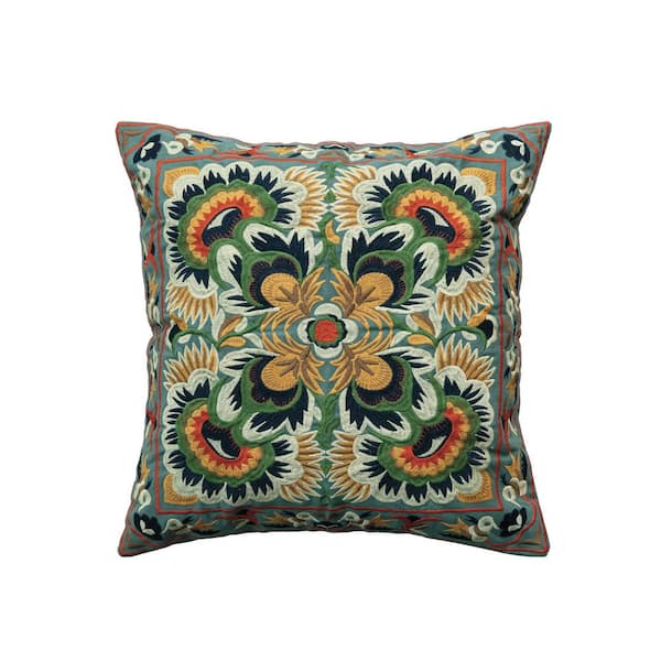 Multi Color Embroidered Floral Polyester 18 in. x 18 in. Throw Pillow