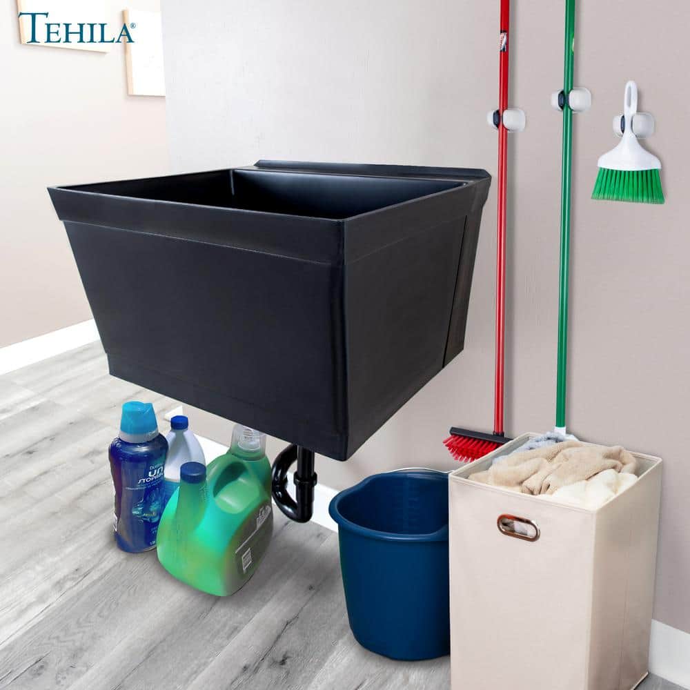 Black Wall Mount Utility Sink with Drain Assembly Kit