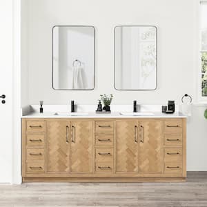 Jakarta 84 in. W. x 22 in. D x 33.9 in. H Double Bath Vanity in Oak Weathering Light Brown Silk White Quartz Stone Top