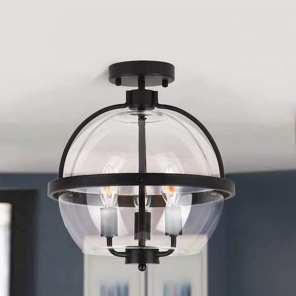 14 in. 3-Light Matte Black Globe Semi-Flush Mount Ceiling Light with Clear Glass Shade and No Bulbs Included