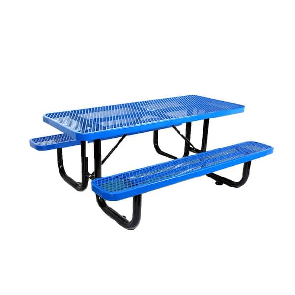 6 ft. Outdoor Garden Steel Blue Picnic Table Rectangle with Umbrella Hole