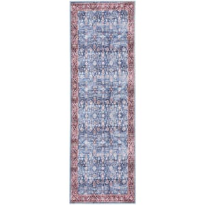 Blue and Red 2 ft. x 6 ft. Oriental Power Loom Distressed Washable Non Skid Runner Rug