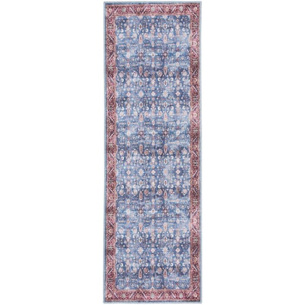 HomeRoots Blue and Red 2 ft. x 6 ft. Oriental Power Loom Distressed Washable Non Skid Runner Rug