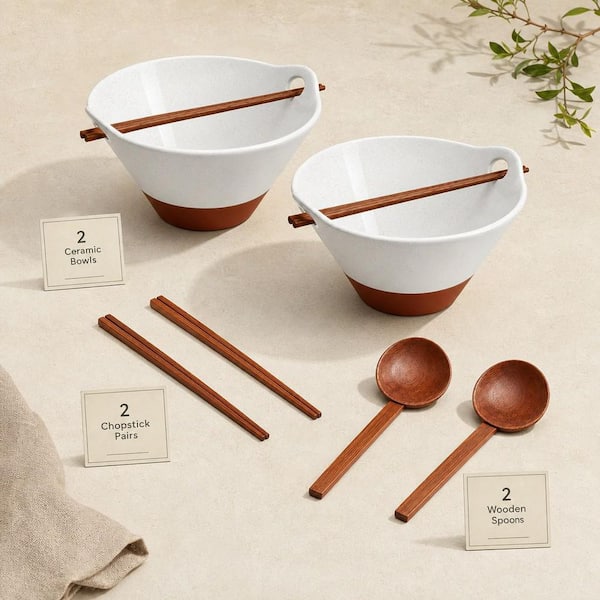 Numhew 42 fl. oz. White Ceramic Soup Bowl Set with Wooden Spoon