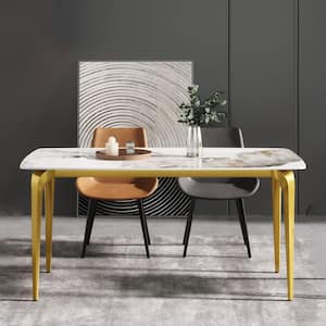 63 in. Luxury Round Edge Pandora Sintered Stone Rectangle Top Golden Metal 4 Legs Dining Table (Seats 6)