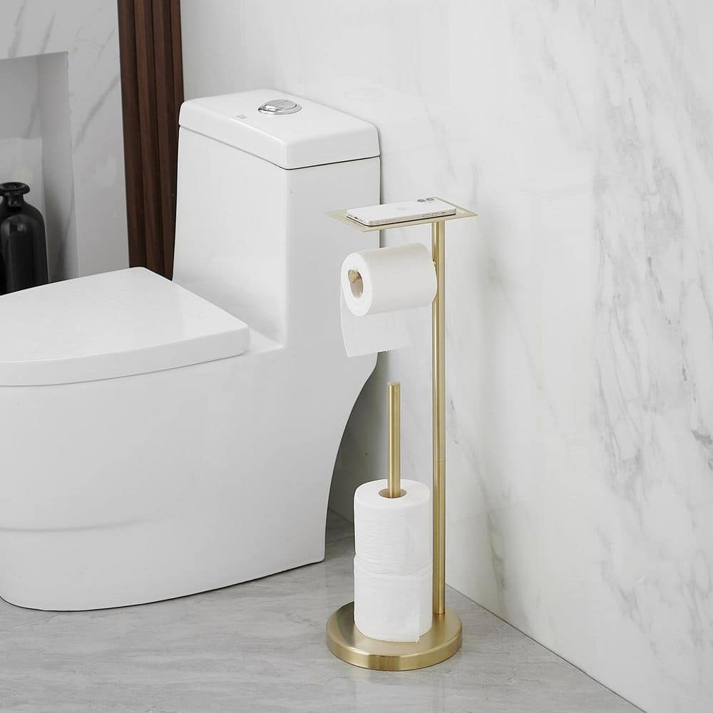 Brushed Gold Freestanding Toilet Paper Holder with Storage Shelf
