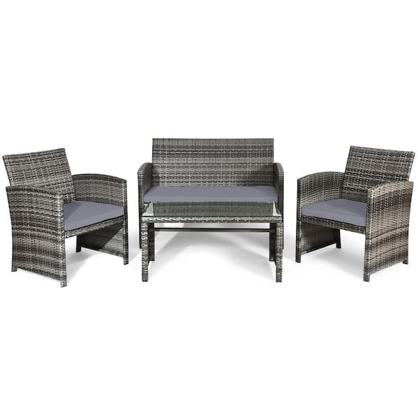 4 Pieces Patio Wicker Patio Conversation Set With Glass Table and Gray Cushions