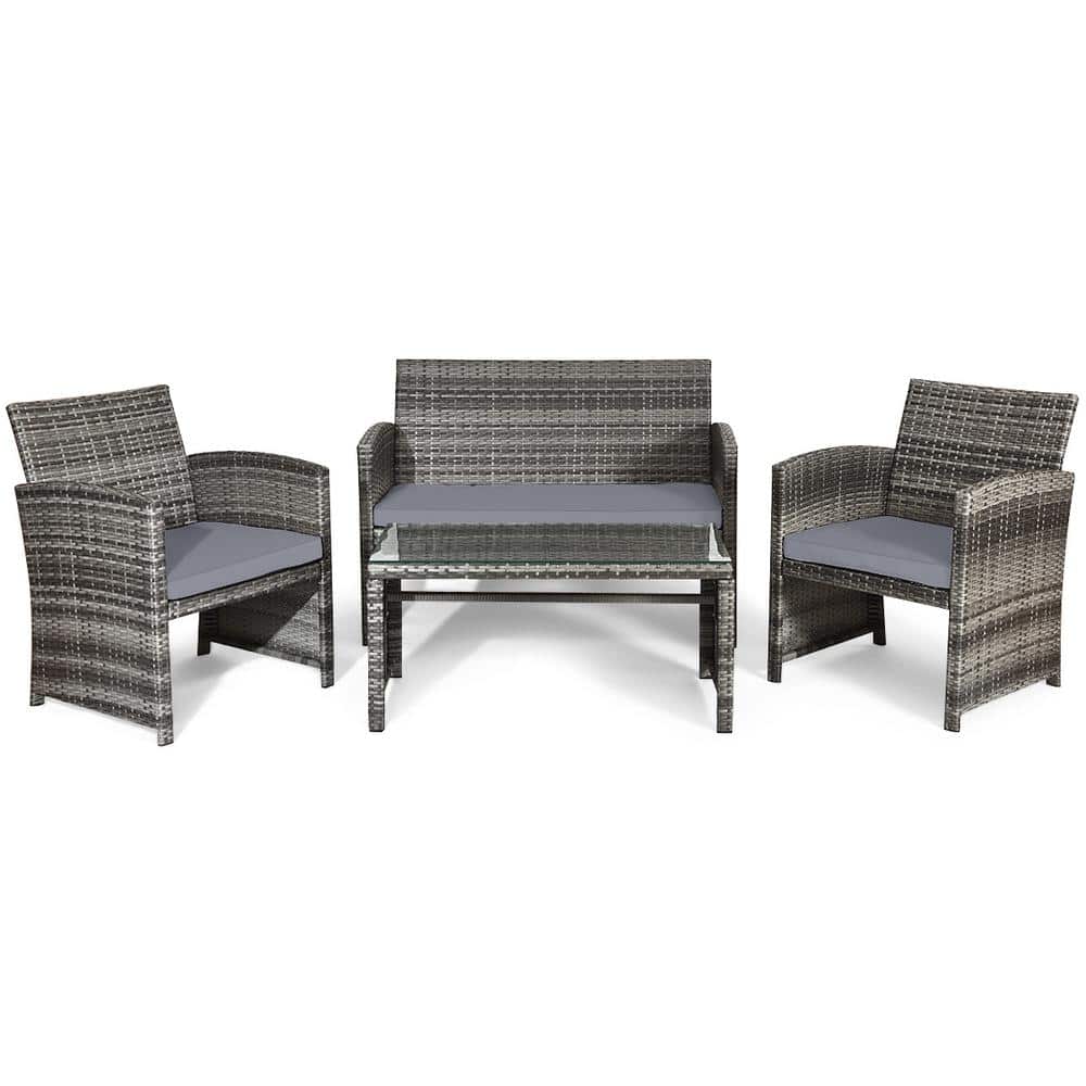 4 Pieces Patio Wicker Patio Conversation Set With Glass Table and Gray Cush