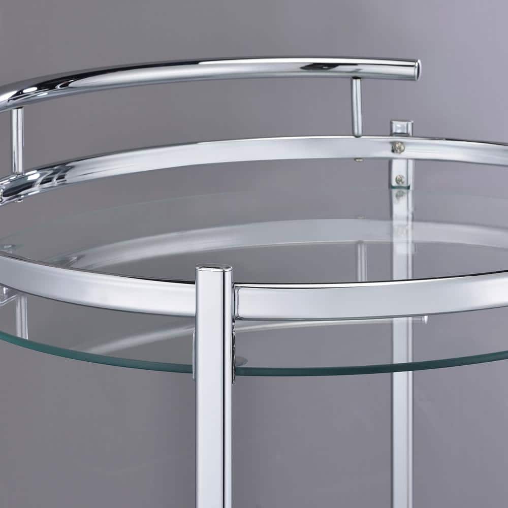 Modern Glam Silver Chrome Round Bar Cart with Tempered Glass Shelves