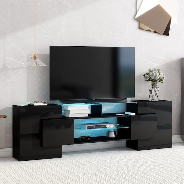 Harper & Bright Designs Black TV Stand Fits TVs up to 80 in. with 2 Illuminated Glass Shelves, Cabinets, LED Color Changing Lights