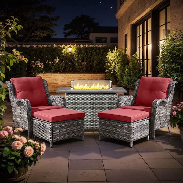 5-Piece Gray Wicker Fire Pit Conversation Set with Olefin Red Cushions and Curved Arm Lounge Chairs and Ottoman