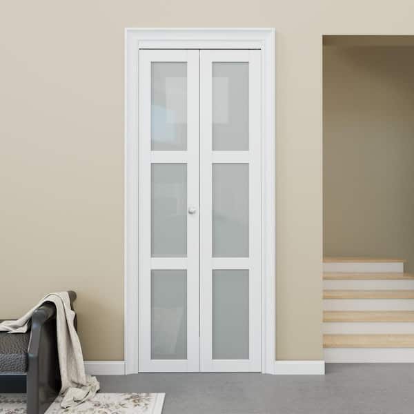 30 in. x 96 in. 3-Lite Frosted Glass Solid Core White MDF Finished Glass Closet Bi-fold Door with Hardware