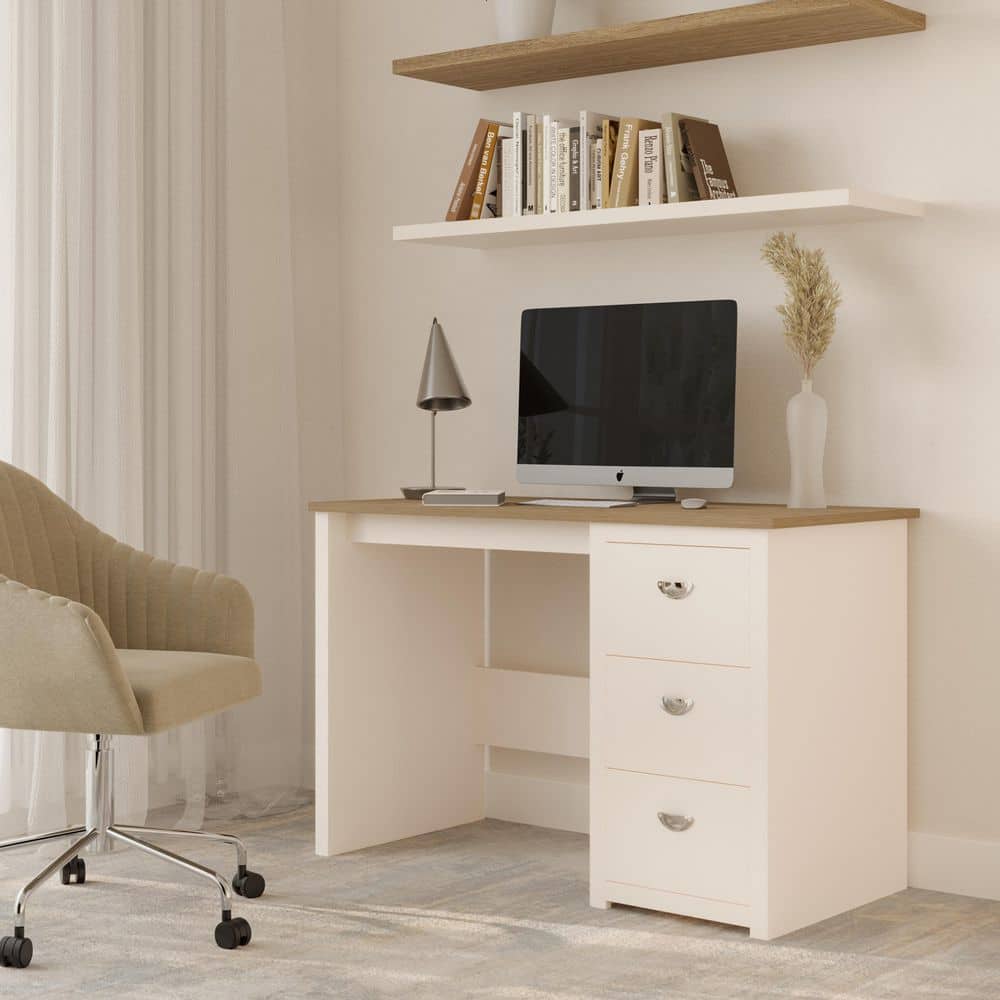 White Wood Computer Desk with 3-Drawer Filing Cabinet