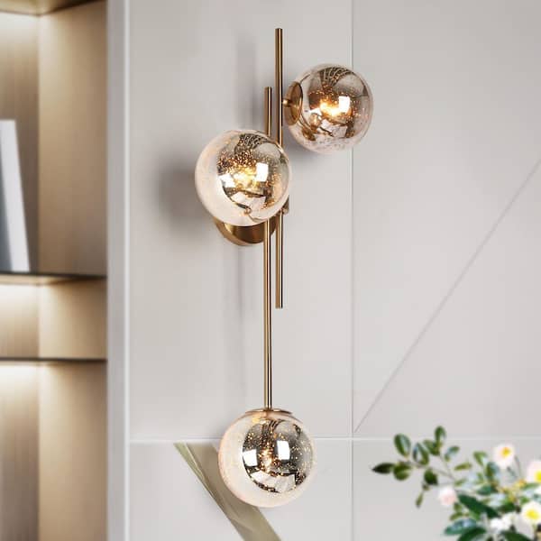 LNC 30 in. 3-Light Plated Brass Mercury Glass Orb Vanity Light, Modern Bathroom Horizontal/Vertical Mount Sconce Wallchiere