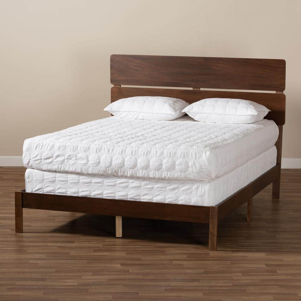 Modern Walnut Brown Full/Double Wood Upholstered Bed with Slatted Headboard