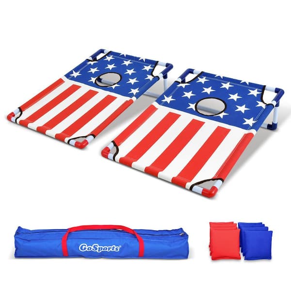 GoFloats American Flag Portable PVC Framed Cornhole Boards Game Set with 8 Bean Bags and Portable Carrying Case