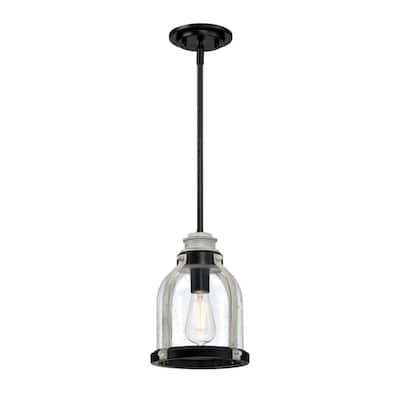 Cindy 1-Light Matte Black and Antique Ash Accents Shaded Mini Pendant with Clear Seeded Glass