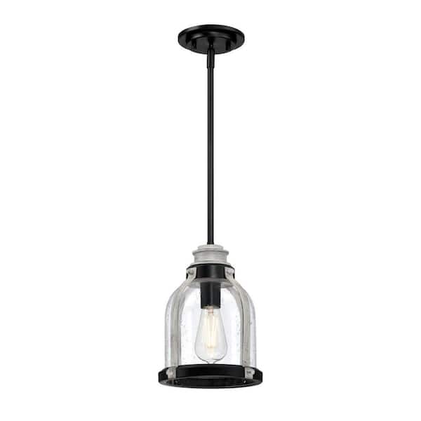 Cindy 1-Light Matte Black and Antique Ash Accents Shaded Mini Pendant with Clear Seeded Glass