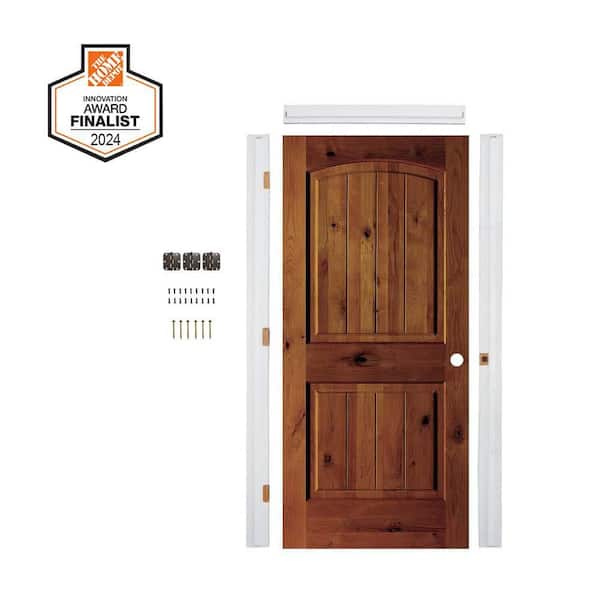 DIY RTA Kit 36in.x80in. Knotty Alder Wood Left-Hand Red Chestnut Stain V-Groove Single Ready To Assemble Interior Door