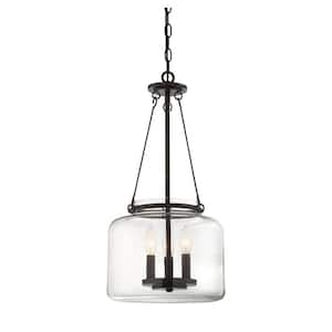 Akron 12 in. W x 24 in. H 3-Light English Bronze Shaded Pendant Light with Clear Glass Shade