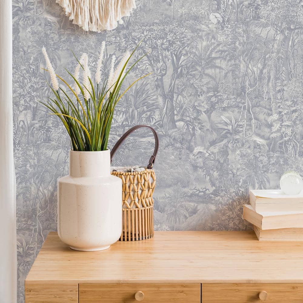 Cornflower Blue Vinyl Jungle Toile Peel and Stick Wallpaper Roll