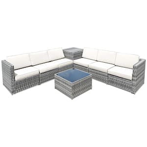 8-Piece Wicker Patio Conversation Set Rattan Furniture Storage Table with White Cushions