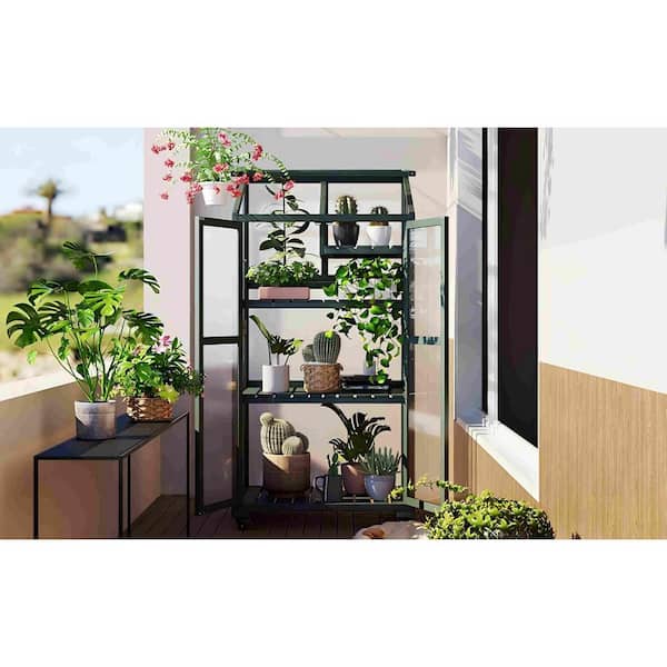 Unbranded TOPMAX 32 in. W x 23 in. D x 62 in. H Wood Large Portable Greenhouse Balcony with Wheels and Adjustable Shelves