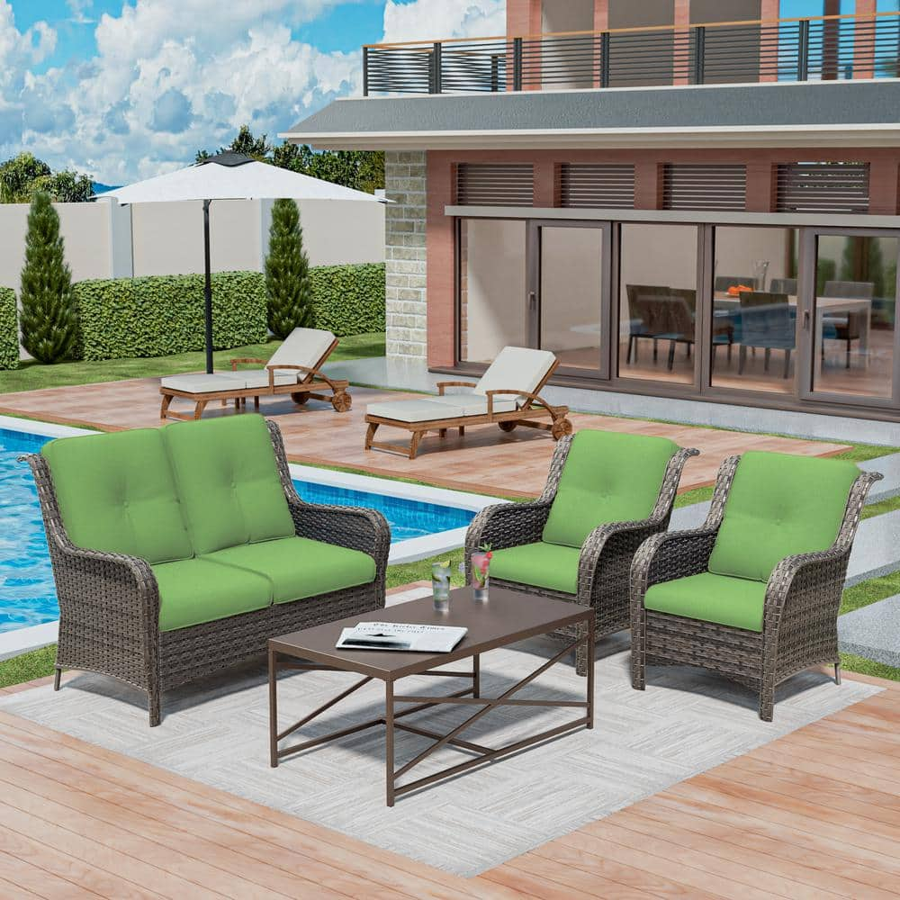 4 Pieces Conversation Patio Set, All-Weather Wicker Patio Furniture Set with Green Cushions -  MeetLeisure, Y-M08M79M78-GRN