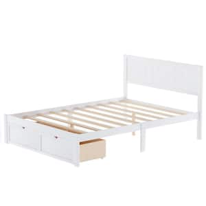 57 in.W White Wood Frame Full Size Bed with Storage Drawers, Full Size Platform Bed, Wooden Platform Storage Bed